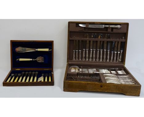 Cased canteen of fish servers and flatware and a canteen of EPNS flatware, the box labelled 'Mappin & Webb' and a silver plat