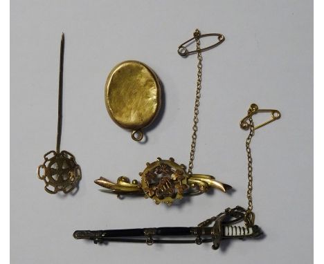 Victorian gold brooch decorated with harp and clovers (marks worn), a gold-coloured locket, a gold hatpin and a metal and ena