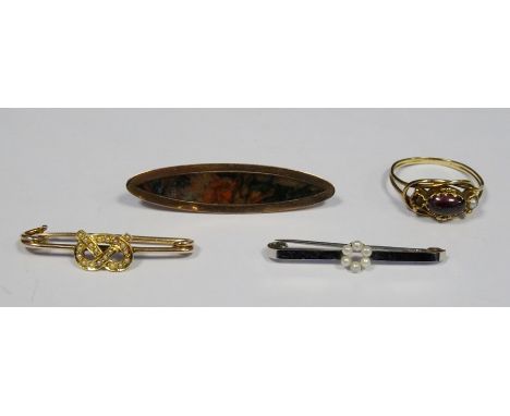 Gold coloured metal and seed pearl bar brooch, a&nbsp;14ct white gold and seed pearl bar brooch, a gold coloured metal and ag