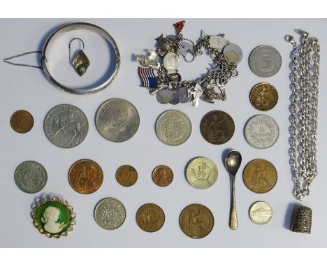 Silver charm bracelet, silver chain, silver bangle, cameo brooch, assorted coins, silver thimble, earrings etc. (1 box)