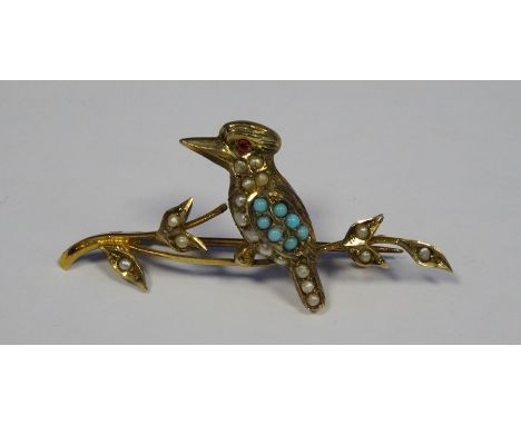 Gold metal Australian&nbsp;kookaburra bar brooch set with seed pearls and turquoise stones, mark to reverseCondition Reportso