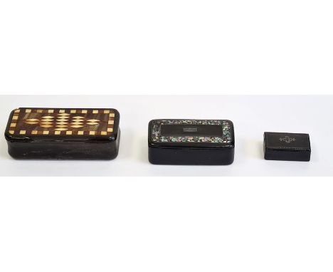 Miniature rectangular papier mache lacquered box with mother-of-pearl inlay, another black inlaid papier mache lacquered box 