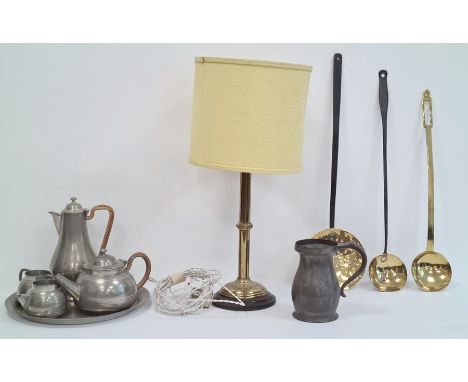 Singapore pewter tea set to include teapot, milk jug, sugar bowl, hot water jug and tray, a pewter tankard, a brass table lam