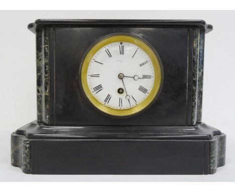 Victorian black slate mantel clock by 'Swinden & Sons, Paris', white enamel dial, Roman numerals and moon hands