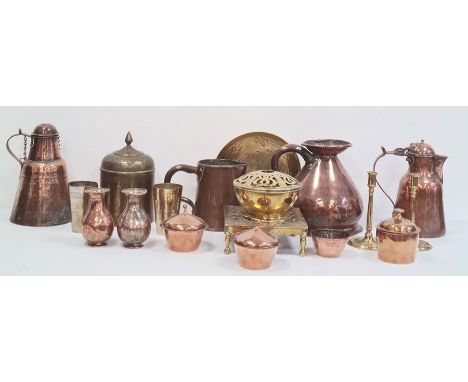 Quantity of copper and brassware to include large copper jug, Middle Eastern lidded pot, other assorted jugs, pair of candles