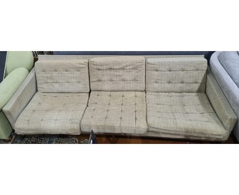 1960's Scandinavian / Danish designer, possibly Florence Knoll,&nbsp; three seat sofa&nbsp;in a grey and green button back fa