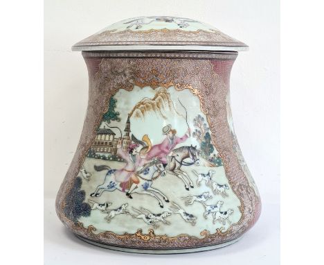 Chinese export-style waisted cylindrical vase and cover, printed, painted and gilt in the 18th century Chinese famille rose s