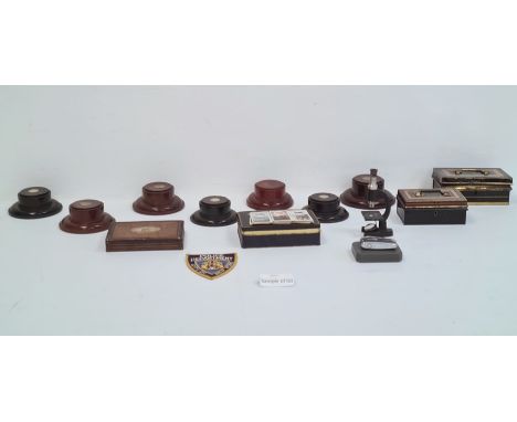 Quantity of enamel and other badges, assorted buttons, money boxes, wooden trophy stands, postcards, etc (2 boxes)Condition R