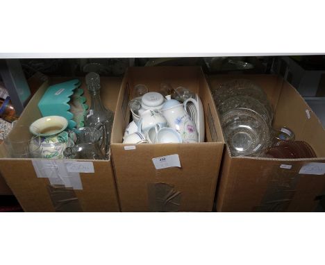 Assorted glassware and ceramics to include a pressed glass dessert set, Windsor Burleighware decanter, glass water jug, etc (