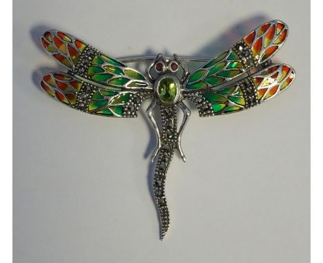 Large silver dragonfly brooch/pendant set with peridot, ruby eyes and marcasites, inlaid with coloured enamel 