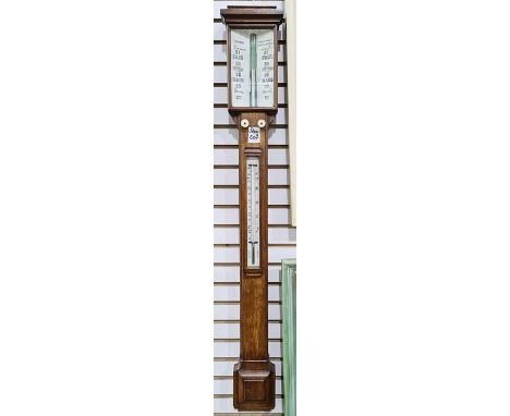 19th century oak stick barometer Condition ReportThe top section of the barometer appears loose/ not in place. There are some