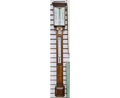 19th century oak stick barometer Condition ReportThe top section of the barometer appears loose/ not in place. There are some