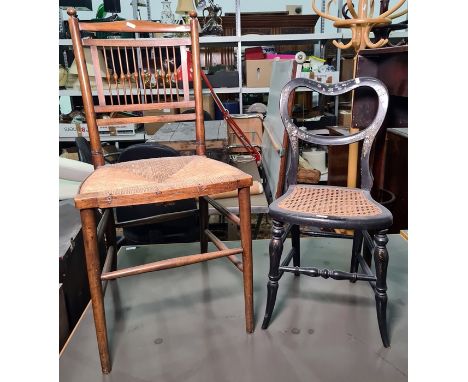 Pair of spindle back rush seated chairs and one further child's mother-of-pearl inlaid chair with wicker seat (3)Condition Re