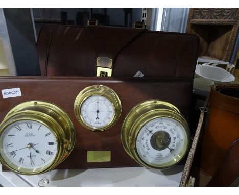 Leather&nbsp;briefcase, vintage boules set, camera tripod and flash umbrella, music stand, binoculars, and wood mounted ship'