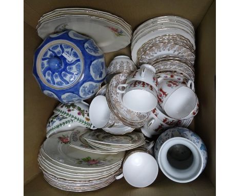 Two boxes of glass and ceramics including various part tea services such as Royal Swan, Queen Anne and Gainsborough patterns,