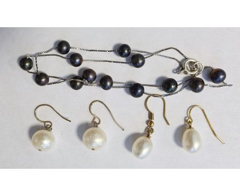 Two pairs of various cultured pearl drop earrings and a black cultured pearl and silver chain link necklace 