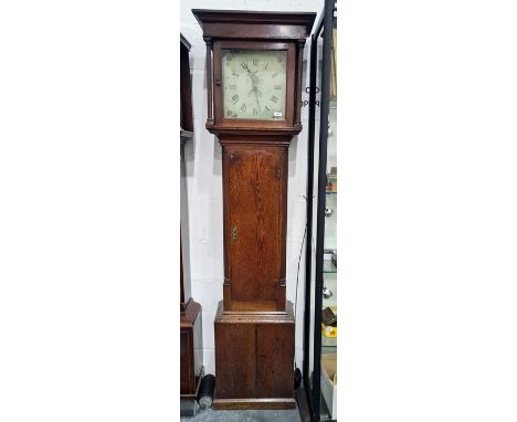 Georgian 30-hour oak longcase clock with 12" painted dial decorated with flowers and turtle dove, Roman numerals and date ape