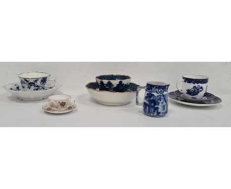 Caughley teabowl and saucer, underglaze blue chinoiserie landscape pattern, Meissen porcelain cup and saucer, Coalport trio a