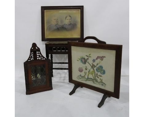 Needlework fire screen, small wall hanging corner cupboard, a stool and a black and white print of a Victorian couple (4)