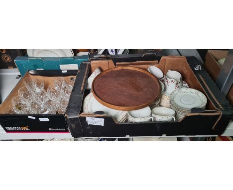 Wooden platter, Minton 'Ancestral' part tea service, Limoges garlands in pink and green roses decorated on a white ground, a 