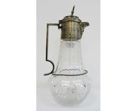 Silver-plated mounted and glass claret jug with grape finial and Bacchus mask spout, 29cm high 
