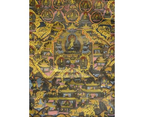 Chinese/Tibetan thangka, centred by seated Buddha with surround of numerous attendants, wild animals, pagodas and cloud scrol