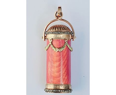 Carl Faberge pink enamel, gold and diamond-set cachou box or scent bottle holder by workmaster Mikhail Perchin of oval cylind