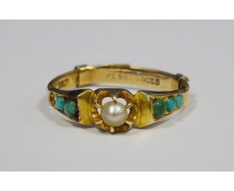 Gold, seedpearl and turquoise ring (gold marks worn, band snapped), 2.3g total Condition Reportsize between j and k. Also see