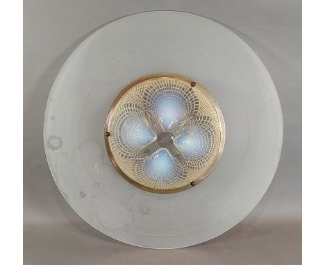 A Rene Lalique, French Art Deco opalescent Coquilles glass plafonnier light fitting with frosted glass shade, etched R Laliqu