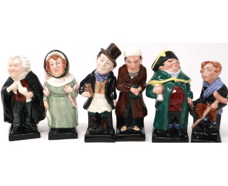 Six Royal Doulton Dickens Series figurines including Scrooge and Tiny Tim, largest H: 12 cm, no cracks or chips. P&amp;P Grou
