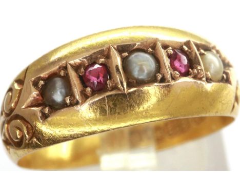 Victorian 15ct gold ruby and seed pearl set ring, size M/N, 3.0g. P&amp;P Group 1 (£14+VAT for the first lot and £1+VAT for s