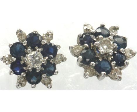 Pair of white gold diamond and sapphire set stud earrings, 1.3g. P&amp;P Group 1 (£14+VAT for the first lot and £1+VAT for su