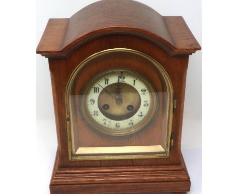 French 19th century oak cased bracket clock with barrel movement, enamelled chapter ring (a/f) and chiming on a gong. P&amp;P