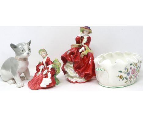 Royal Doulton figurine, Lydia HN1908, Top o the Hill HN1834, Nao cat and a Minton bowl in the Haddon Hall pattern (4). P&amp;