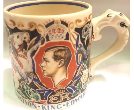 1936 Edward VIII rare tapering pottery mug with grotesque beast handle, printed in bright colours with a design by Dame Laura
