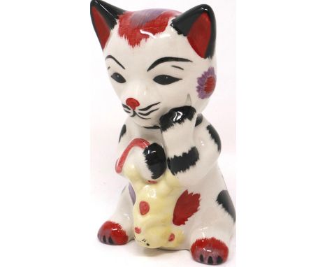 Lorna Bailey cat, Mouse Trap, H: 13 cm. P&amp;P Group 1 (£14+VAT for the first lot and £1+VAT for subsequent lots) 