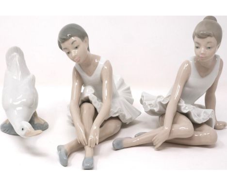 Three Nao figurines: two ballerinas and a swan, no cracks or chips, largest H: 18 cm. P&amp;P Group 2 (£18+VAT for the first 