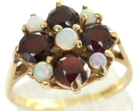 9ct gold ruby and opal set cluster ring, size N, 2.2g. P&amp;P Group 1 (£14+VAT for the first lot and £1+VAT for subsequent l