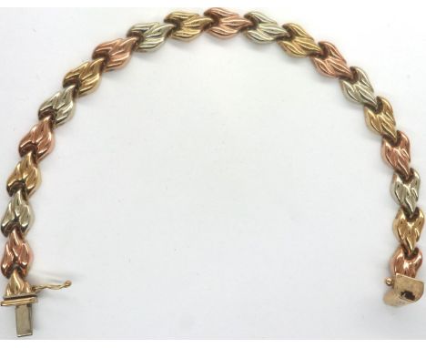 9ct gold three colour bracelet, L: 18 cm, 10.3g. P&amp;P Group 1 (£14+VAT for the first lot and £1+VAT for subsequent lots) 