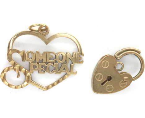 9ct gold Someone Special pendant, H: 20 mm, and a 9ct gold padlock clasp, combined 1.6g. P&amp;P Group 1 (£14+VAT for the fir