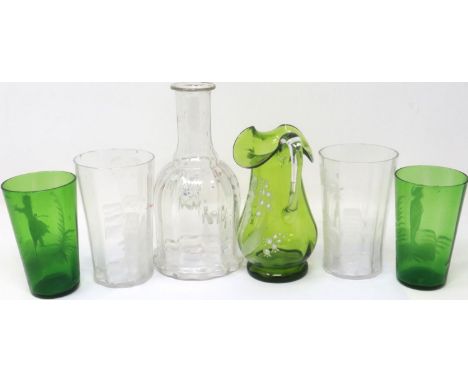 Six pieces of Mary Gregory glass including a jug, largest H: 17 cm. P&amp;P Group 3 (£25+VAT for the first lot and £5+VAT for