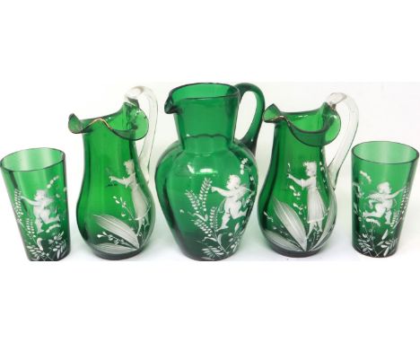 Five pieces of Mary Gregory glass including a jug decorated with enamelled cherubs, largest H: 17 cm. P&amp;P Group 3 (£25+VA