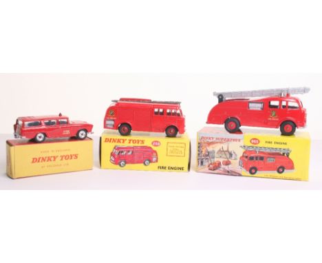 Three Boxed Dinky Toys Fire Vehicles, 955 Fire Engine with windows, red body/ plastic wheel hubs, silver ladders, ‘Fire Briga