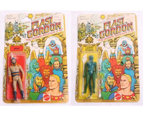 Two Mattel Flash Gordon figure from the TV Spectaculars, Ming and Lizard Woman, both mint on blister cards 1979 vintage 3 -3/