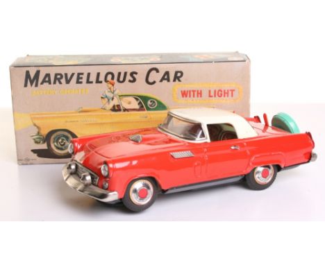 Scarce Nomura (Japan) Tinplate Battery Operated Ford Thunderbird Marvellous car, red/white body, green rear spare wheel, lith