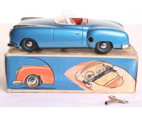 Scarce JNF (Germany) No.59 Condor Tinplate clockwork Sports Car, metallic blue body, tin-printed interior, windscreen, steeri