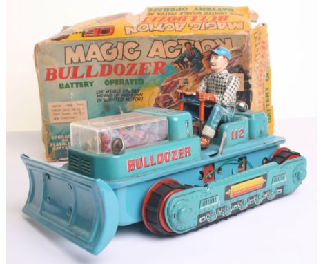 Japanese Nomura battery operated tinplate Magic Action Bulldozer, 1960s, blue lithographed Bulldozer with jointed seated driv