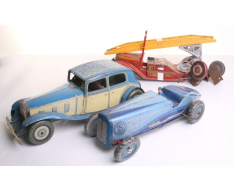 Three Mettoy (Gt.Britain) Tinplate Clockwork Toys,4-Door Limousine, mid blue/cream body, chauffer figure, working clockwork m