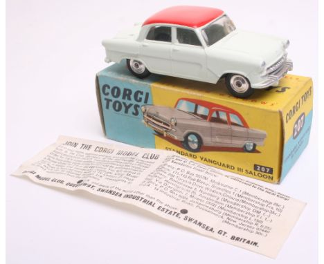  Corgi Toys 207 Standard Vanguard III Saloon, pale green body, red roof, scarce spun wheel hubs, self adhesive accessories ad