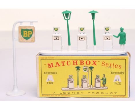 Matchbox A-1 BP Garage Pumps and Sign, complete with plastic pump operator and two lamps, in near mint boxed condition